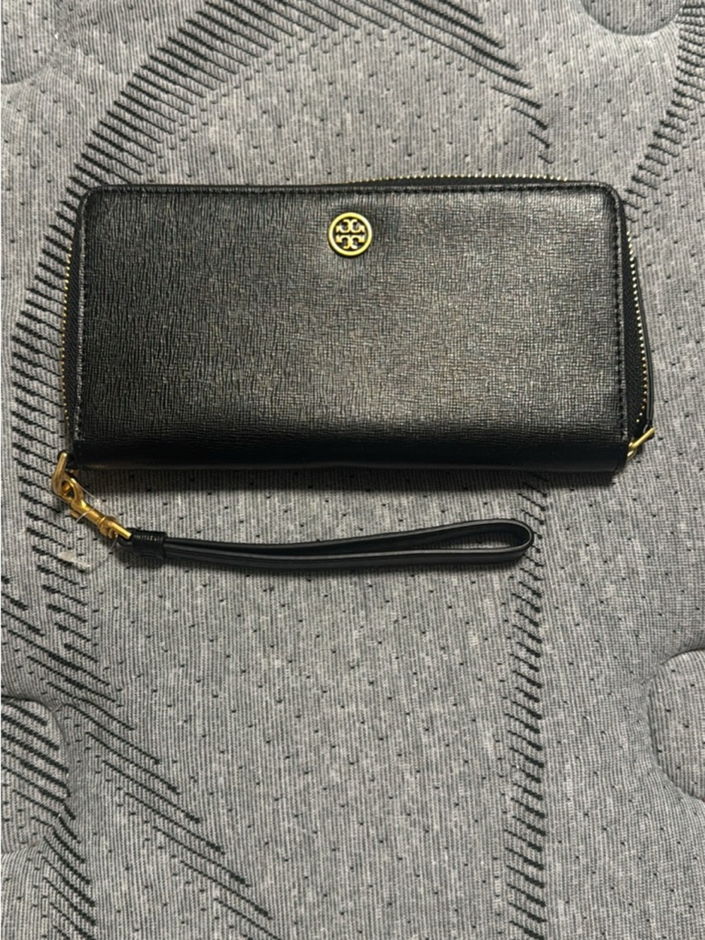 Tory Burch Black Leather Zip Wristlet with Gold Logo